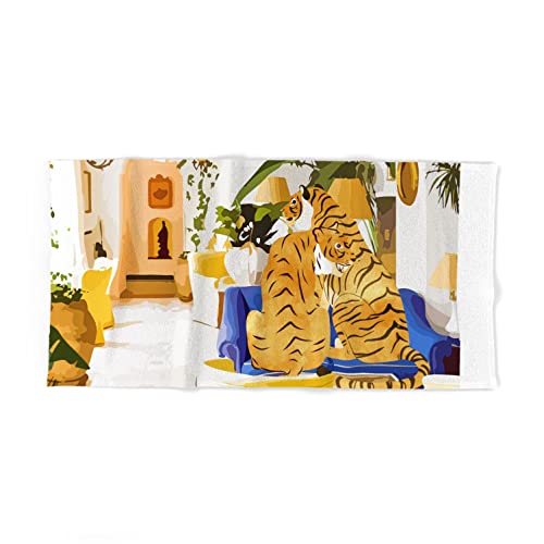 Society6 Tiger Reserve Villa | Bohemian Tropical Jungle Decor | Pastel Honeymoon Couple Love Wildlife by 83 Oranges Modern Bohemian Prints Bath Towel