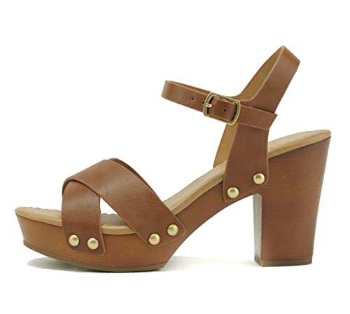 Soda MIGUEL ~ Women Crisscross Band Fashion Chunky Platform Block Mid Heel Sandal with Ankle Strap and Stud (9, TAN PU, numeric_9)
