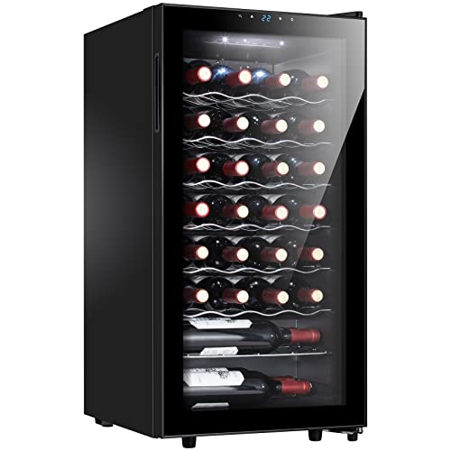STAIGIS Mini Wine Fridge Freestanding, Wine Cooler Refrigerator 28 Bottle w/Digital Control, Countertop Mini Fridge for Red & White, Glass Door