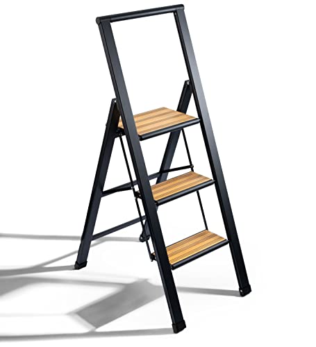 Step Ladder 3 Step Folding, Decorative - Beautiful Bamboo & Black Aluminum, Lightweight, Ultra Slim Profile, Anti Slip Steps, Sturdy-Portable for Home, Office, Kitchen, Photography Use,by SORFEY
