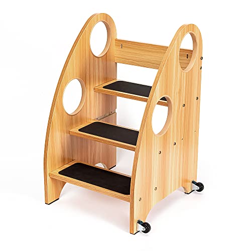 StrongTek Wooden Toddler Step Stool Kitchen Helper - 28" High, 300 lbs Capacity, with Wheels and Handles - Ideal Bathroom and Kitchen Step Stool for Kids - Toddler Stool for Kitchen Counter Use