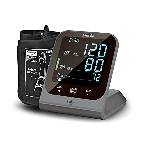 Sunbeam TMB-1583-S Upper Arm Blood Pressure Monitor with Comfort Inflate Technology, Clinically Tested with Adjustable Cuff and LCD Touchscreen, Power Adapter and Batteries Included