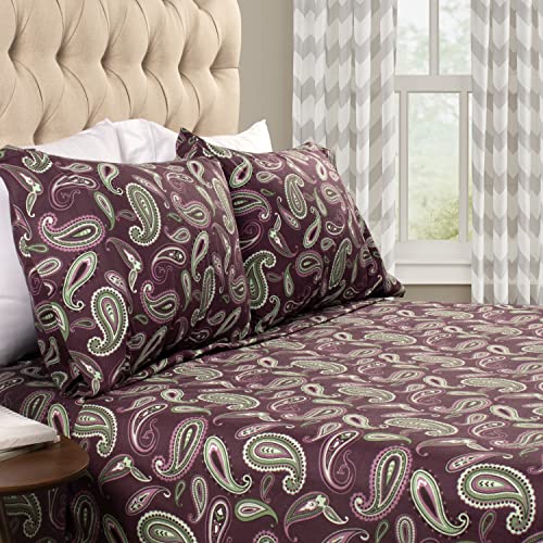 Superior Premium Cotton Flannel Sheets, All Season 100% Brushed Cotton Flannel Bedding, 4-Piece Sheet Set with Deep Fitting Pockets - Purple Paisley, Queen Bed