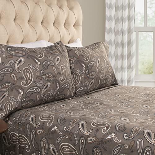 Superior Premium Cotton Flannel Sheets, All Season 100% Brushed Cotton Flannel Bedding, 4-Piece Sheet Set with Deep Fitting Pockets - Grey Paisley, Queen Bed