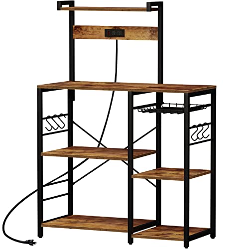 SUPERJARE Bakers Rack with Power Outlet, Microwave Stand, Coffee Bar with Wire Basket, Kitchen Storage Rack with 6 S-Hooks, Kitchen Shelves for Spices, Pots and Pans - Rustic Brown