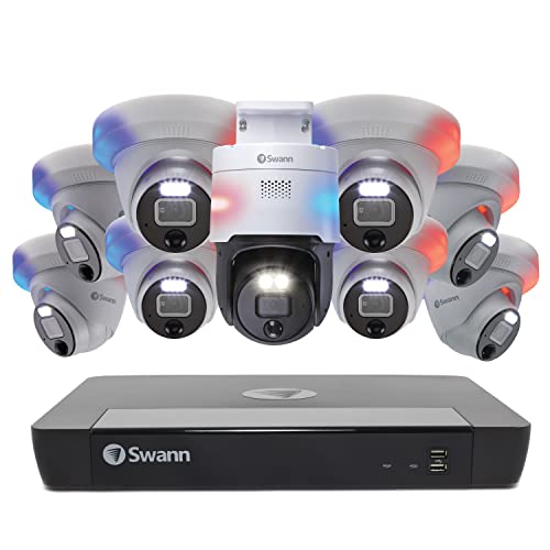 Swann Home Security Camera System with 4TB HDD, 16 Channel 9 Cam, POE Cat5e NVR 12MP HD Video, Indoor Outdoor Wired Surveillance CCTV, Color Night Vision, Heat Motion Detection,Enforcer PT,169008DE1PT