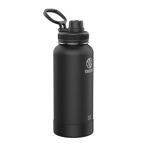Takeya Pickleball Stainless Steel Insulated Water Bottle with Choice of Lid and Carry Handle, 32 oz, Ace Black