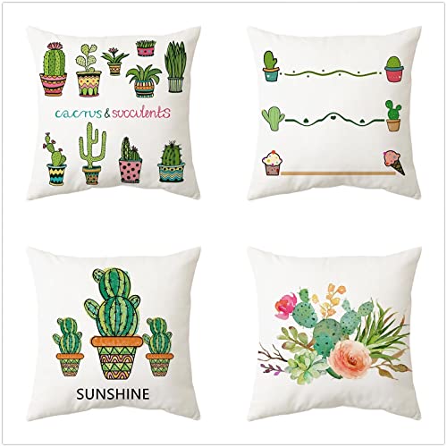 Throw Pillow Covers Tropical Cactus Set of 4, Square Single Sided Linen Couch Cushion Cover 32x32Inch 80x80cm with Hidden Zipper, for Couch/Living/Bed/Car/Home/Outdoor Decor Pillow Covers A3691