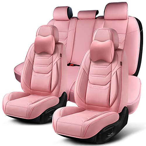 TIEHESYT Pink Car Seat Covers Full Set, Breathable Leather Automotive Front and Rear Seat Covers with Headrest, Waterproof Auto Seat Protectors Fit for Most Sedans SUV Pick-up Truck