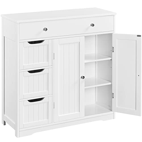 Topeakmart Bathroom Free-Standing Floor Cabinet, Practical Storage Cabinet with 4 Drawers and 2 Doors for Kitchen, Entrance Area, Living Room, Adjustable Shelves, Ample Space White