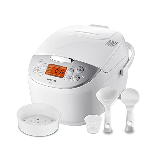 Toshiba Rice Cooker 6 Cup Uncooked – Rice Maker Cooker with Fuzzy Logic Technology, 7 Cooking Functions, Digital Display, 2 Delay Timers and Auto Keep Warm, Non-Stick Inner Pot, White