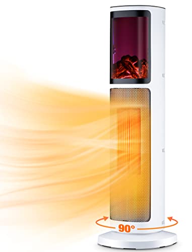 Tower Space Heater for Room, Indoor Electric Space Heater, 3 Modes & Thermostat, 90° Oscillation, 12H Timer, Remote, Overheat & Tip-Over Protection, 3D Flame, Space Heater for Office/Home/Indoor