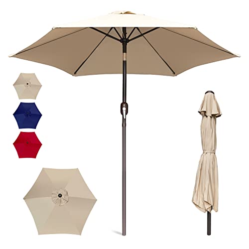 Trenovo 7.5 FT Patio Umbrella - Outdoor Table Umbrella with Push Button Tilt and Crank, UV Protection & 6 Reinforced Ribs Waterproof Market Umbrella for Garden, Lawn, Deck, Backyard, Pool（Tan）