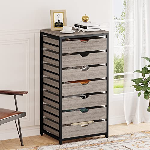 Tribesigns 7 Drawer Chest, Wood Storage Dresser Cabinet with Metal Legs, Industrial Tall Storage Tower Organizer Unit for Office Bedroom Entryway, Dark Grey (1 PC)