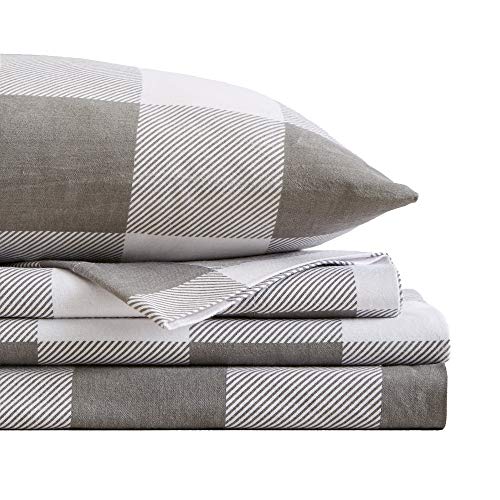 TRP 4 Piece Turkish Cotton Flannel Sheets Full Size Set - Luxury Winter Sheets with Deep Pocket - Modern & Contemporary Ultra Soft Warm Cozy Most Comfortable White Grey Buffalo Check Sheets Set