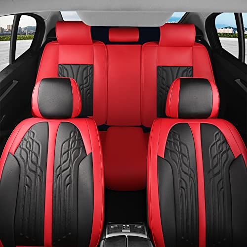 TTMiku Car Seat Cover Full Set, Breathable Faux Leather seat Covers for Cars SUV Universal Automotive Seat Covers Fit for Most Sedans Truck Interior Covers（Black Red