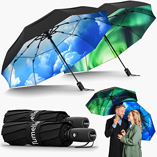 TUMELLA 2-pack, Unbreakable Windproof Travel Umbrella (Light, Beautiful, Superior), 2023 Ultra-Flex Tech, Compact, Small, Portable, Automatic, Strong, Durable, Premium Grip, Vibrant Designs, Folding Umbrella, 9-rib, Blue Skies & Northern Lights