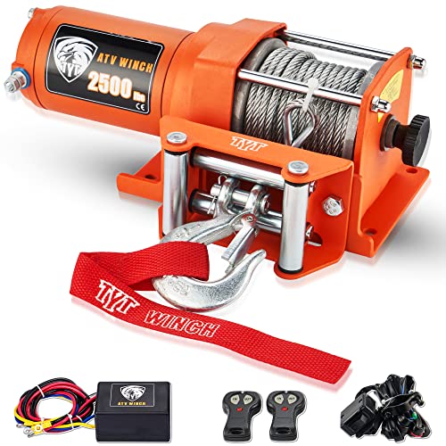 TYT 2500 lb ATV/UTV Electric Winch Kits 12V Steel Cable Winch with 2 Wireless Remotes, Waterproof Portable Winch for Towing Off Road Winch（2500 lbs Winch）