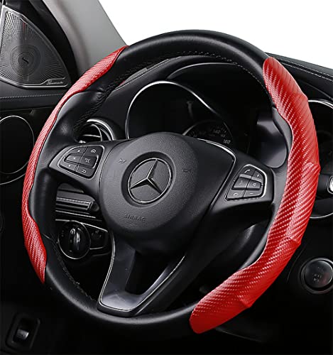 Vacallity Steering Wheel Cover Carbon Fiber Pattern Segmented 2 Pieces,Car Steering Wheel Cover Grip Case Protector for Women&Man,Universal Safe and Non Slip Car Accessory (RED)