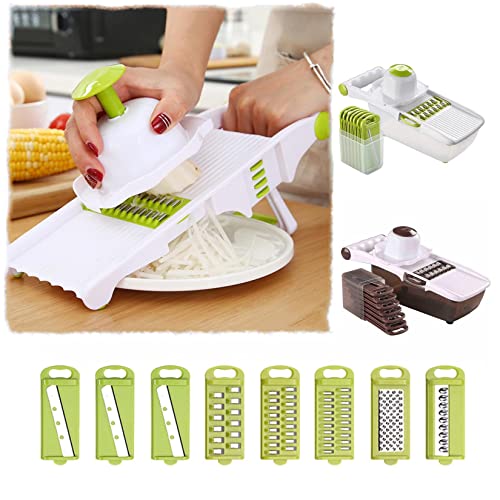 Vegetable Cutting Machine with 8 Interchangeable Blades and 1 Finger Protector Home Kitchen Multi-Function Shredding Shredding Vegetable Spiralizer for Cooking (green)