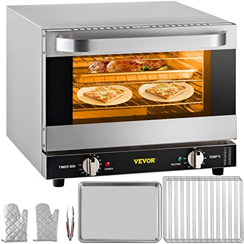 VEVOR Commercial Convection Oven, 21L/19Qt, Quarter-Size Conventional Oven Countertop, 1440W 3-Tier Toaster w/Front Glass Door, Electric Baking Oven w/Trays Wire Racks Clip Gloves, 120V
