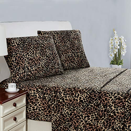 Viviland Plush Micro Fleece Leopard Printed Queen Bed Sheet Set - Soft Polar Fleece Velvet Sheets - Extra Warm Winter Bed Sheets with Deep Pocket - Brown Cheetah Animal Print - Queen