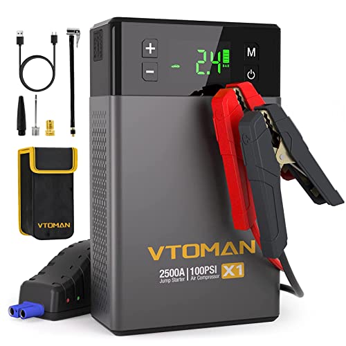 VTOMAN X1 Jump Starter with Air Compressor, 2500A Portable Battery Booster(Up to 8.5L Gas/6L Diesel Engines) with 100PSI Digital Auto Tire Inflator, 12V Car Lithium Battery Jump Box Pack Power Charger