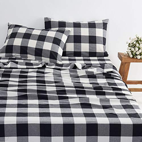 Wake In Cloud - Black Plaid Sheet Set, 100% Washed Cotton Bedding, Buffalo Check Gingham Geometric Checker Pattern in Black Gray Grey White (4pcs, King Size)