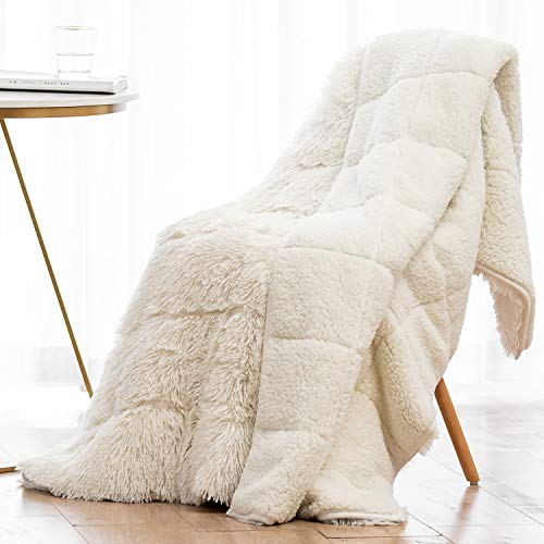 Wemore Shaggy Long Fur Faux Fur Weighted Blanket, Cozy and Fluffy Plush Sherpa Long Hair Blanket for Adult 15lbs, Fluffy Fuzzy Sherpa Reverse Heavy Blanket for Bed, Couch, Cream White, 60 x 80 Inches
