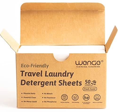 Wenge Travel Laundry Sheets Detergent Eco Friendly - Clear Plastic-Free - Biodegradable Hypoallergenic Liquid Less Washing Sheets for Home Dorm Travel Camping, Hand Washing Clean No Mess Fresh Scent