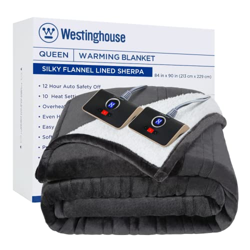 Westinghouse Heated Blanket, Electric Throw Blanket with 10 Heating Levels, 12 Hours Auto Off, Overheat Protection, Machine Washable, Flannel to Sherpa (84x90 Inches, Charcoal&Ivory)