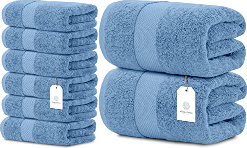 White Classic Luxury Hand Towels | 6 Pack Luxury Bath Sheet Towels | 2 Pack Bundle (Light Blue)
