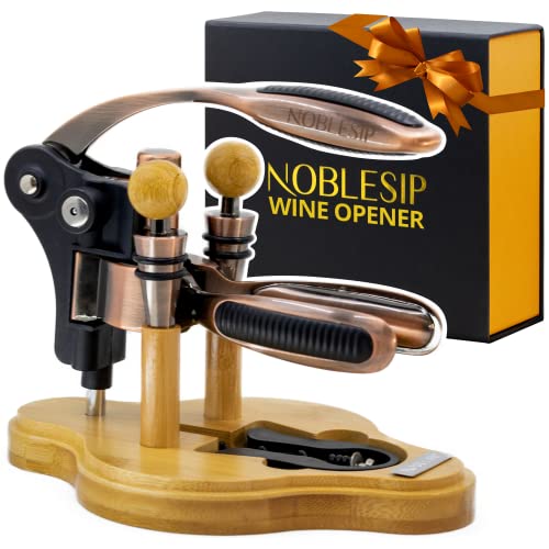 Wine Opener Set Gift Box NOBLESIP: Rabbit Corkscrew, Foil Cutter, 2 Bottle Stoppers, elegant Wood Stand. Easily Removes all Corks, a great Father's Day gift (2023 Upgraded, Bronze Set)