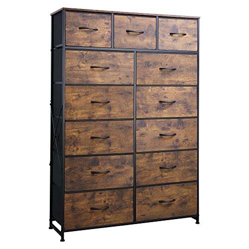 WLIVE Tall Dresser for Bedroom with 13 Drawers, Storage Dresser Organizer Unit, Fabric Dresser for Bedroom, Closet, Nursery, Chest of Drawers, Steel Frame, Wood Top, Rustic Brown Wood Grain Print