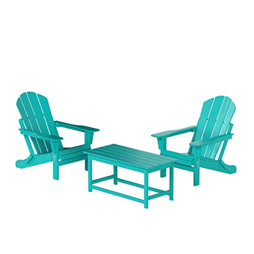 WO Home Furniture Adirondack Patio Furniture Set of 3 PCS Outdoor Folding Chairs & Coffee Table (Turquoise)
