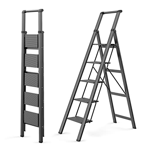 WOA WOA Bedroom Stepping Ladder for High Ceilings, 5 Step Indoor Ladder Fold Flat, Slim Black Closet Ladder Lightweight, Extra Tall Aluminium Ladder, Kitchen Foldable Ladder with Handle