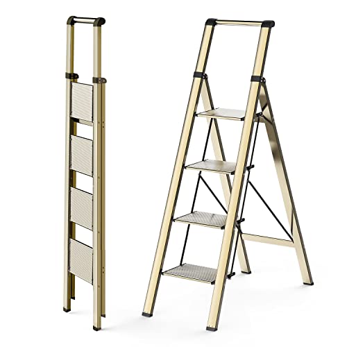 WOA WOA Step Ladder 4 Step Folding, Lightweight Portable Stepladder with Anti-Split Pedal, Ladders with Convenient Handgrip, Aluminum Step Stool for Library, Home, Kitchen - Gold