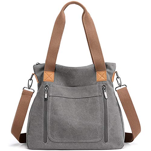 Women's Canvas Tote Handbags Vintage Casual Shoulder Work Bag Crossbody Purses (Grey) One Size