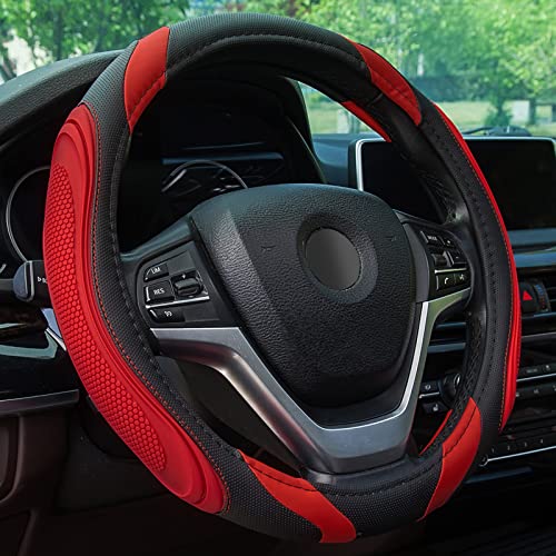 XCBYT Steering Wheel Cover - 14.5-15 Inch Black Red Car Leather Steering Wheel Cover Sports Fan Design Non-Slip for Women