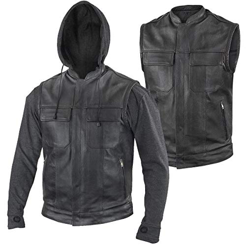 Xelement BXU1006 Men's 'Jax' Black Leather Motorcycle Hoodie Jacket with Convertible Vest - 4X-Large
