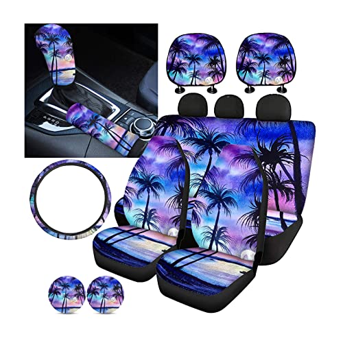 XYZCANDO Hawaiian Palm Tree Sunset Car Seat Cover Set Includes Car Coaster Pad/Handbrake Cover Stable Gear Shift Cover/Headrest Covers for Cars15 Steering Wheel Cover Set of 11 Pack Car Universal Set