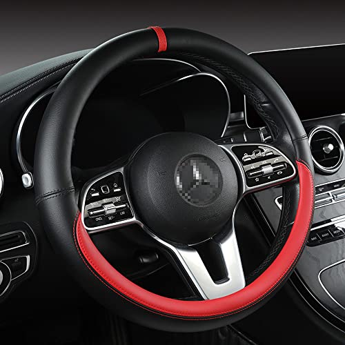 YOUDAXIN Morandi Color Steering Wheel Cover, Nappa Leather, Fashionable Sporty Style, Universal 15 inches, Black and red