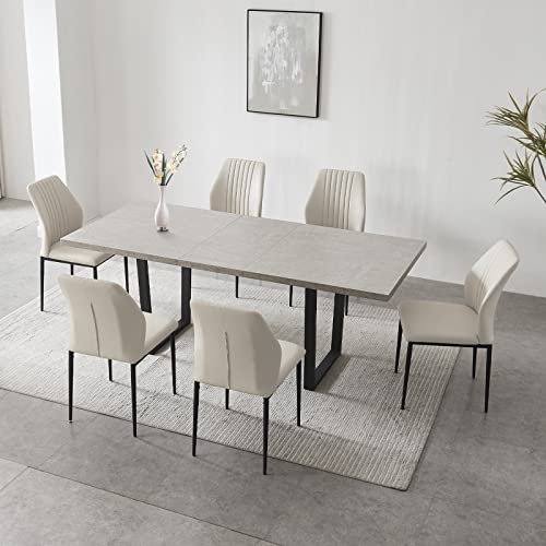 ZckyCine Modern Mid-Century Dining Table Set for 6-8 People Kitchen Dining Room Table Set Extendable Solid Wood Dining Table and 6 Upholstered Chairs, Home Kitchen Furniture (Table + 6 Beige Chairs)