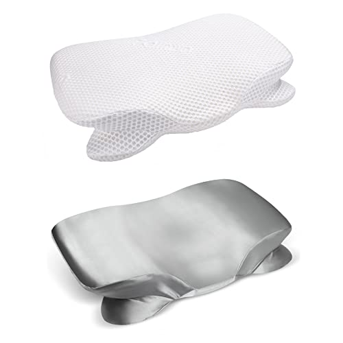 Zelimun 2 Pack Memory Foam Pillows, Cervical Pillow (Beige Pillowcase) + Orthopedic Pillow (Grey Satin Pillowcase)