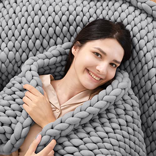 ZonLi Cooling Knitted Weighted Blanket 15 pounds (Light Grey, 48''x72''), Chunky Knit Weighted Blanket Twin Size for Sleep, Handmade Cozy Home Decor for Sofa Bed, Suit for One Person (~140lb)