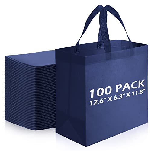 100 Pieces Reusable Totes Bag Set Non Woven Grocery Bag with Handles Fabric Portable Tote Bag Bulk for Shopping Events Party (Navy Blue)