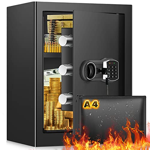 2.3 Cub Home Safe Fireproof Waterproof, Large Fireproof Safe with Fireproof Documents Bag, Digital Keypad Key and Removable Shelf, Personal Security Safe for Home Money Firearm A4 Documents Medicines