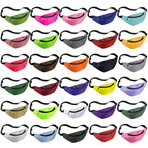 30 Pieces Neon Fanny Packs Adjustable Waist Fanny Bags Assorted Color Oxford Cloth Waist Pack with Zipper for Women Men Workout Traveling Running Outdoor Rave 80s 90s Party Supplies, 30 Colors