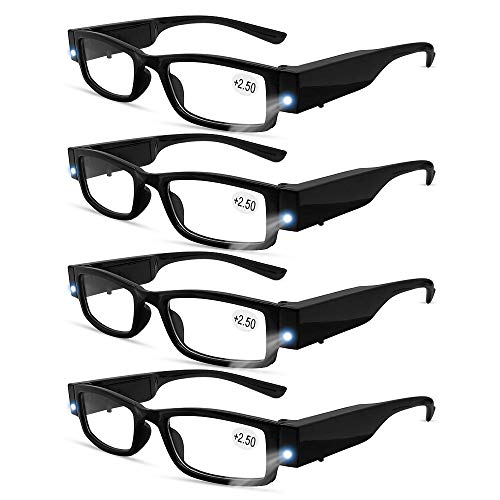4 Pcs Reading Glasses Led Readers with Lights Fashion Glasses for Reading for Men and Women Lighted Magnifier Nighttime Reader Compact Full Frame Eyewear Unisex Clear Vision Lighted Eye Glasses(+250)
