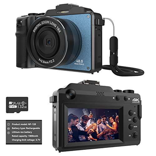 48MP Digital Camera for Photography,4K Camera with Front and Rear Dual Cameras,18X Digital Zoom,Built-in 7 Color Filters,3.0-inch Screen,32GB TF Card,Wrist Strap & Rechargeable Battery(Ultramarine)